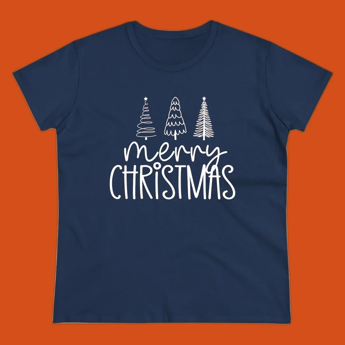Merry Christmas trees typography design with three stylized trees and the text 'merry CHRISTMAS'.