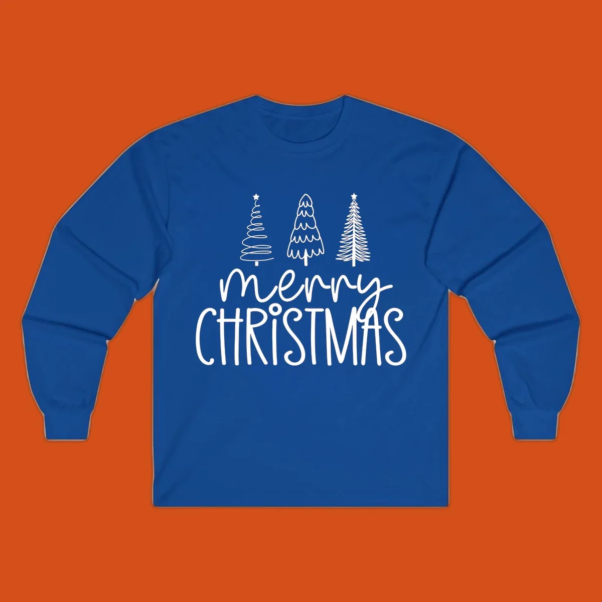 Merry Christmas trees typography design with three stylized trees and the text 'merry CHRISTMAS'.