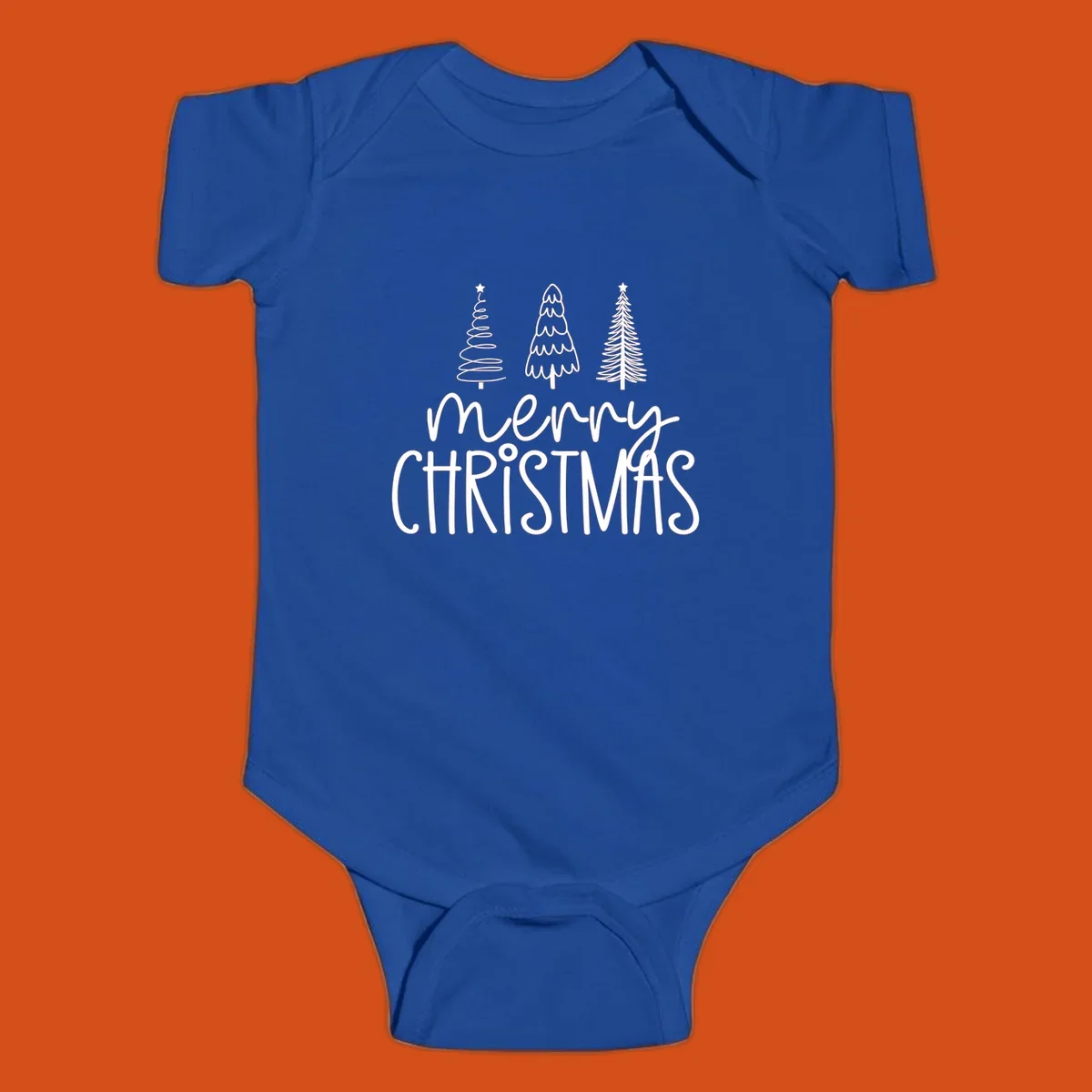 Merry Christmas trees typography design with three stylized trees and the text 'merry CHRISTMAS'.