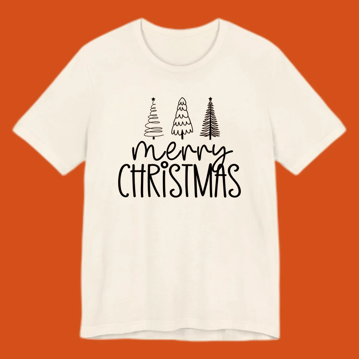 Merry Christmas trees typography design with three stylized trees and the text 'merry CHRISTMAS'.