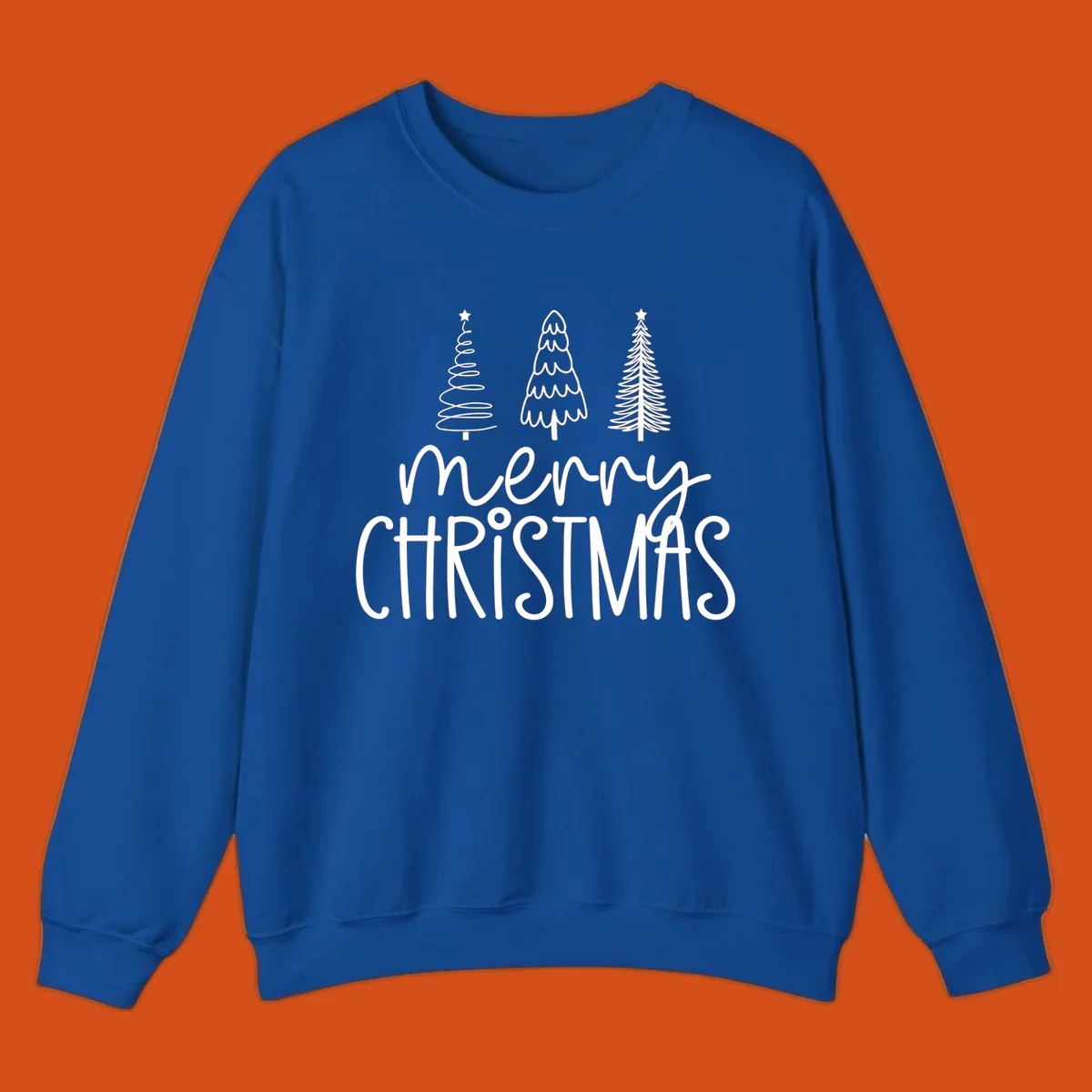 Merry Christmas trees typography design with three stylized trees and the text 'merry CHRISTMAS'.