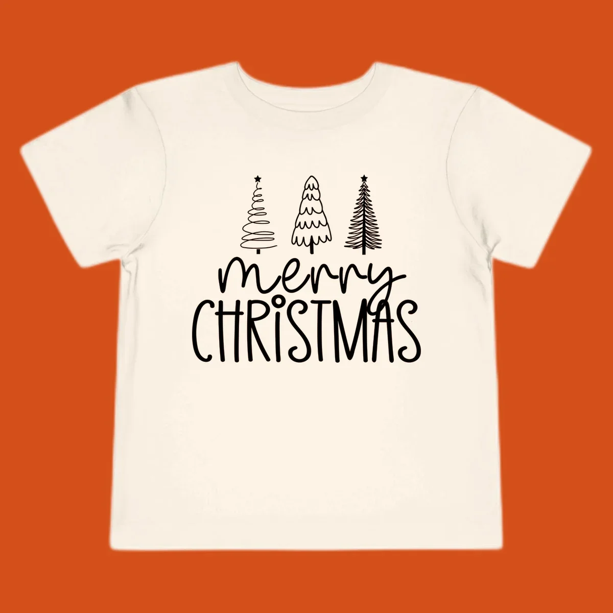 Merry Christmas trees typography design with three stylized trees and the text 'merry CHRISTMAS'.