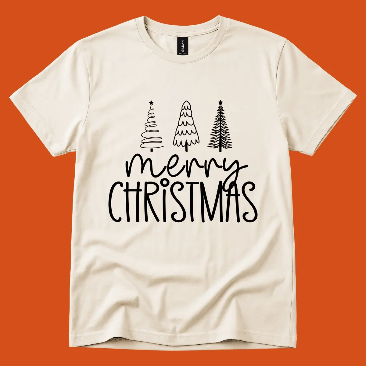 Merry Christmas trees typography design with three stylized trees and the text 'merry CHRISTMAS'.