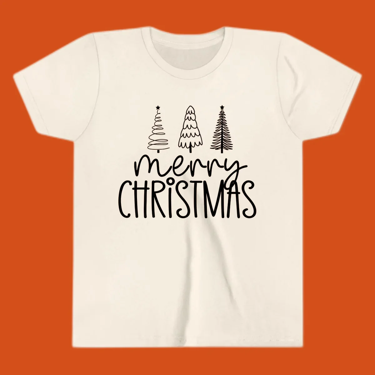Merry Christmas trees typography design with three stylized trees and the text 'merry CHRISTMAS'.