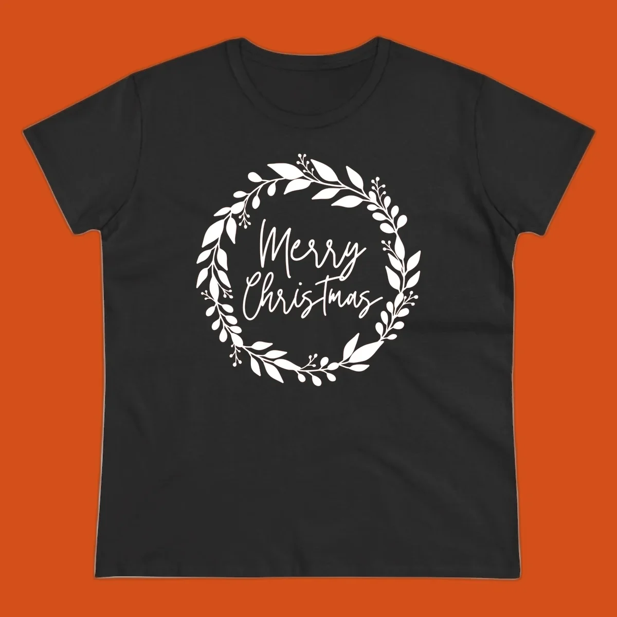 Merry Christmas text inside a white floral wreath graphic.