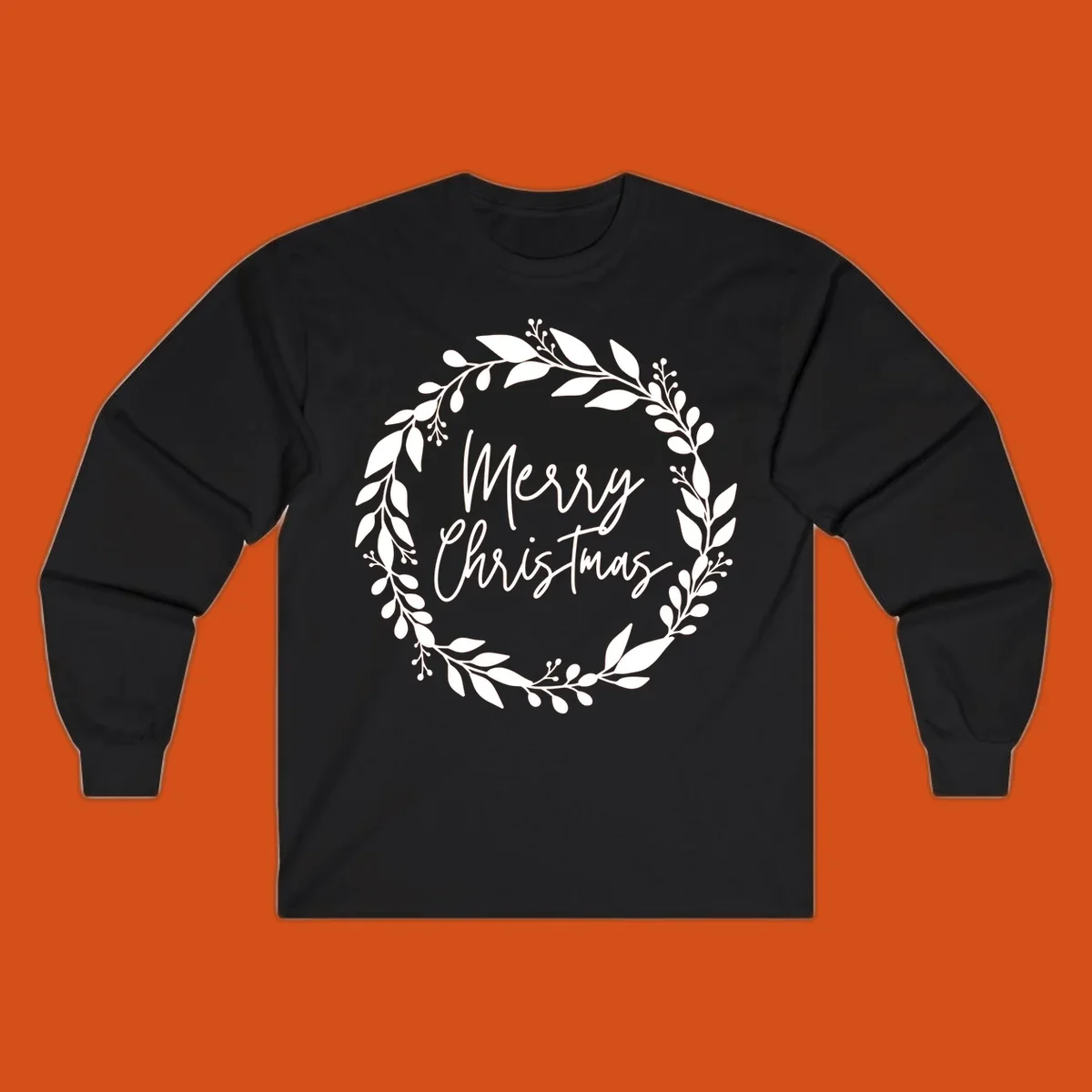 Merry Christmas text inside a white floral wreath graphic.
