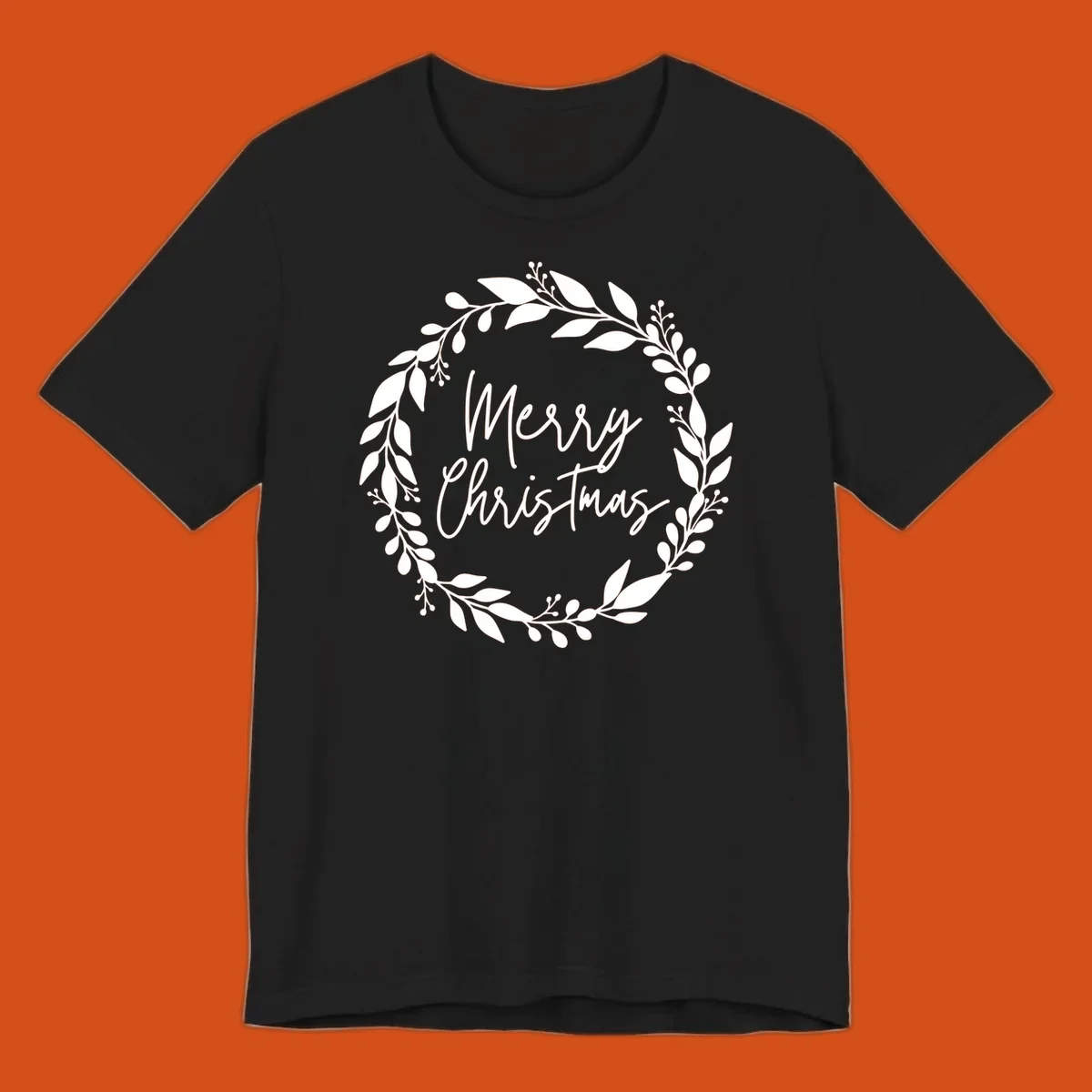 Merry Christmas text inside a white floral wreath graphic.