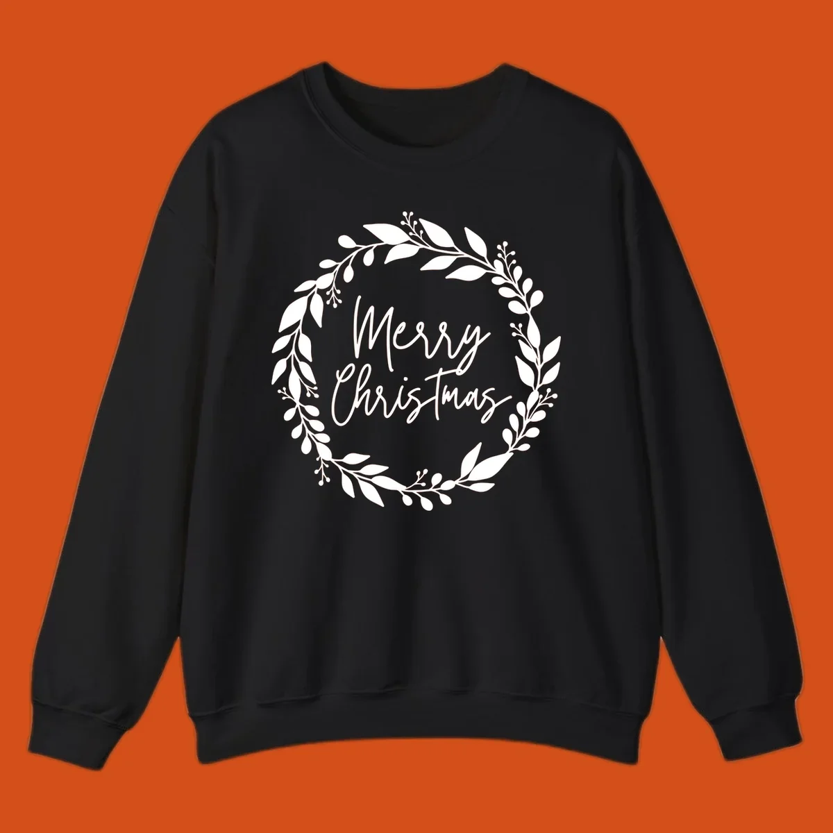 Merry Christmas text inside a white floral wreath graphic.