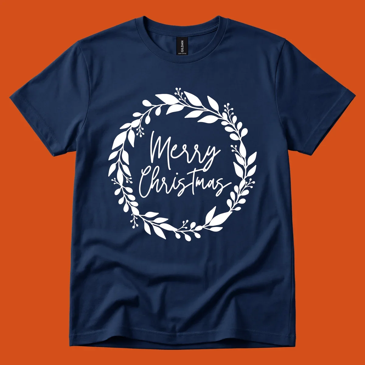 Merry Christmas text inside a white floral wreath graphic.