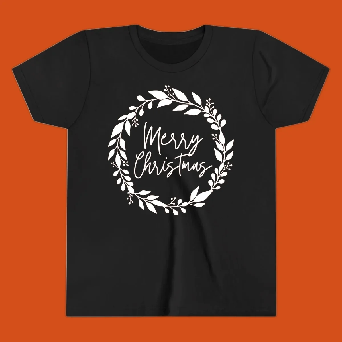 Merry Christmas text inside a white floral wreath graphic.