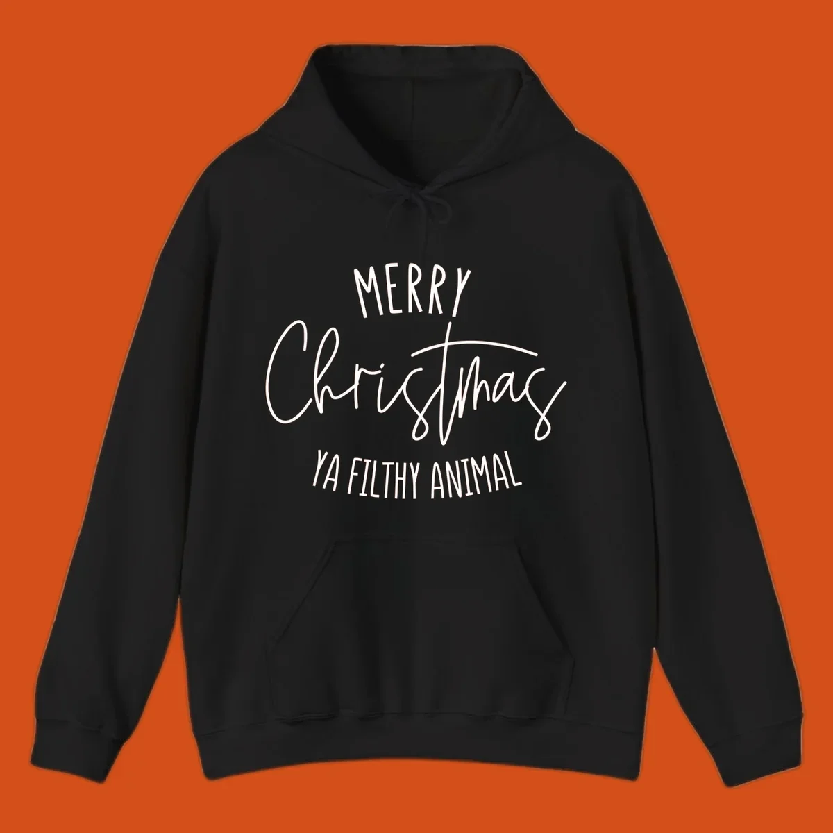 Merry Christmas Ya Filthy Animal text design in white, handwritten-style font.