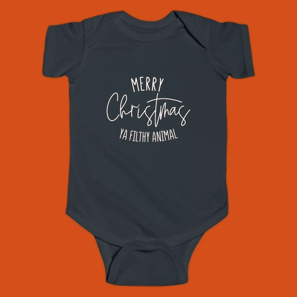 Merry Christmas Ya Filthy Animal text design in white, handwritten-style font.