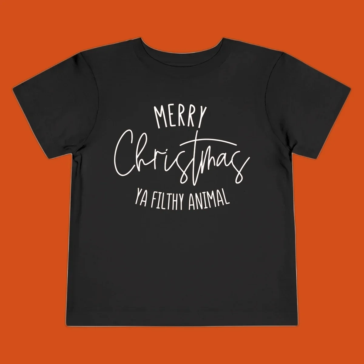 Merry Christmas Ya Filthy Animal text design in white, handwritten-style font.