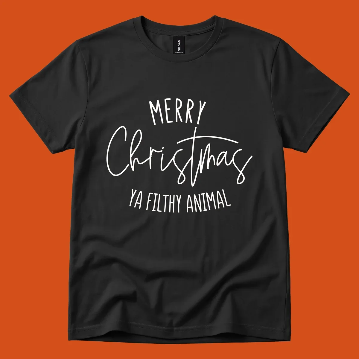 Merry Christmas Ya Filthy Animal text design in white, handwritten-style font.