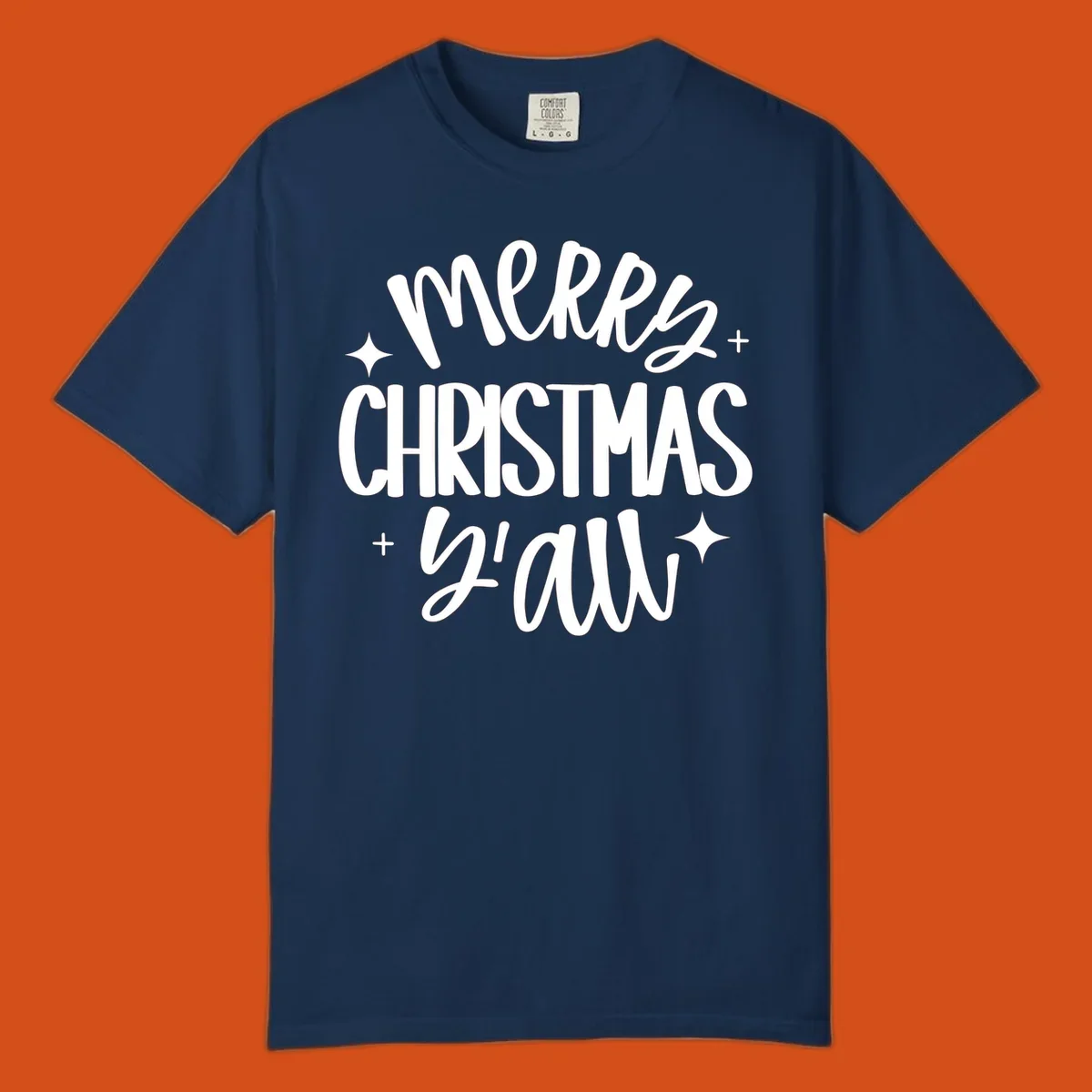 Merry Christmas Y'all hand lettered design with star accents.