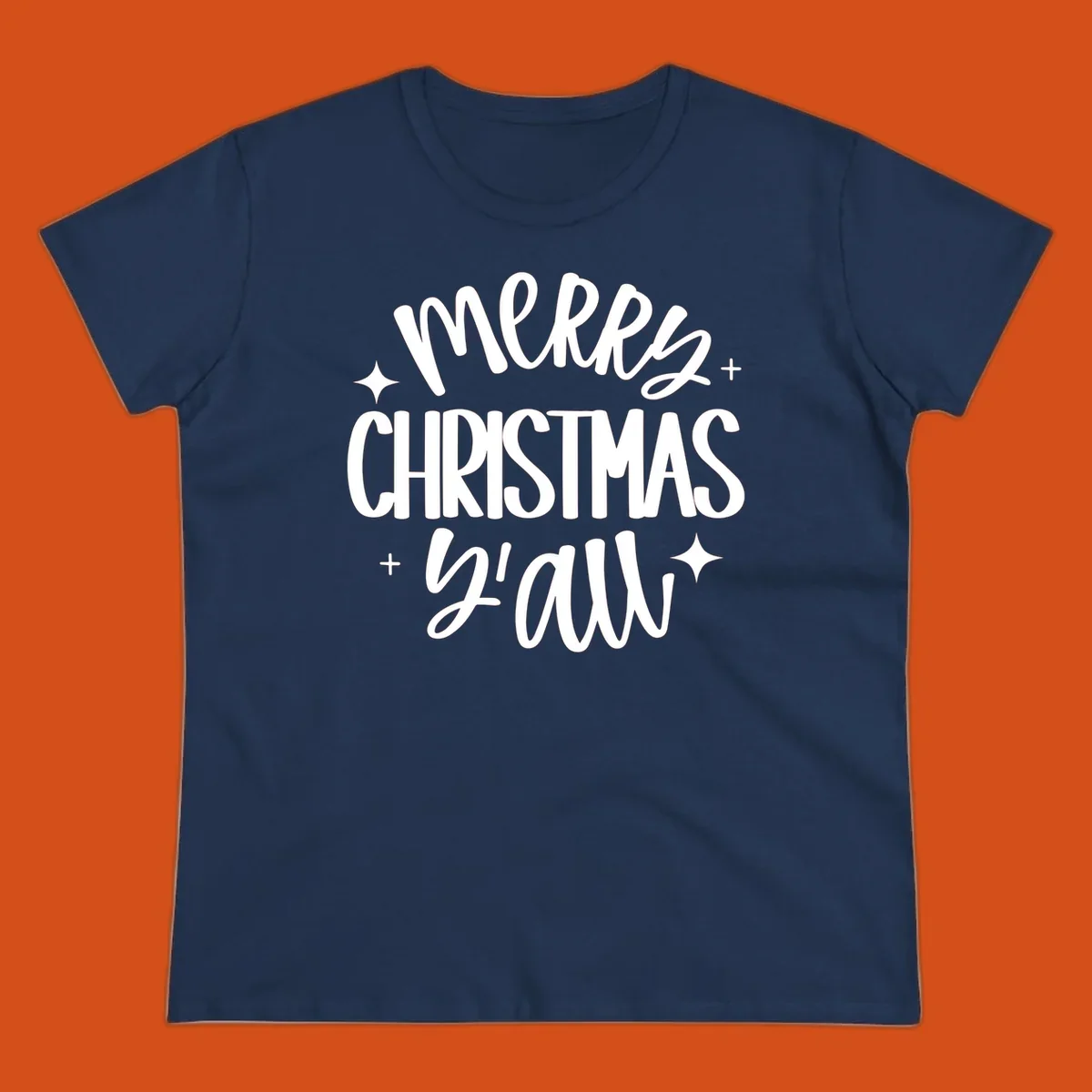 Merry Christmas Y'all hand lettered design with star accents.