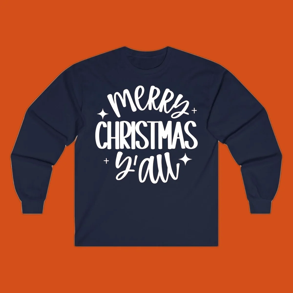 Merry Christmas Y'all hand lettered design with star accents.
