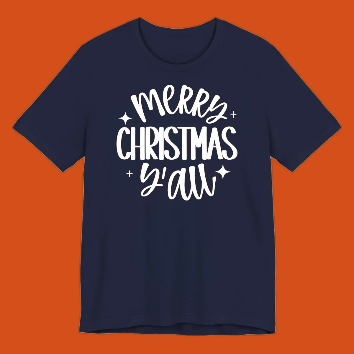 Merry Christmas Y'all hand lettered design with star accents.