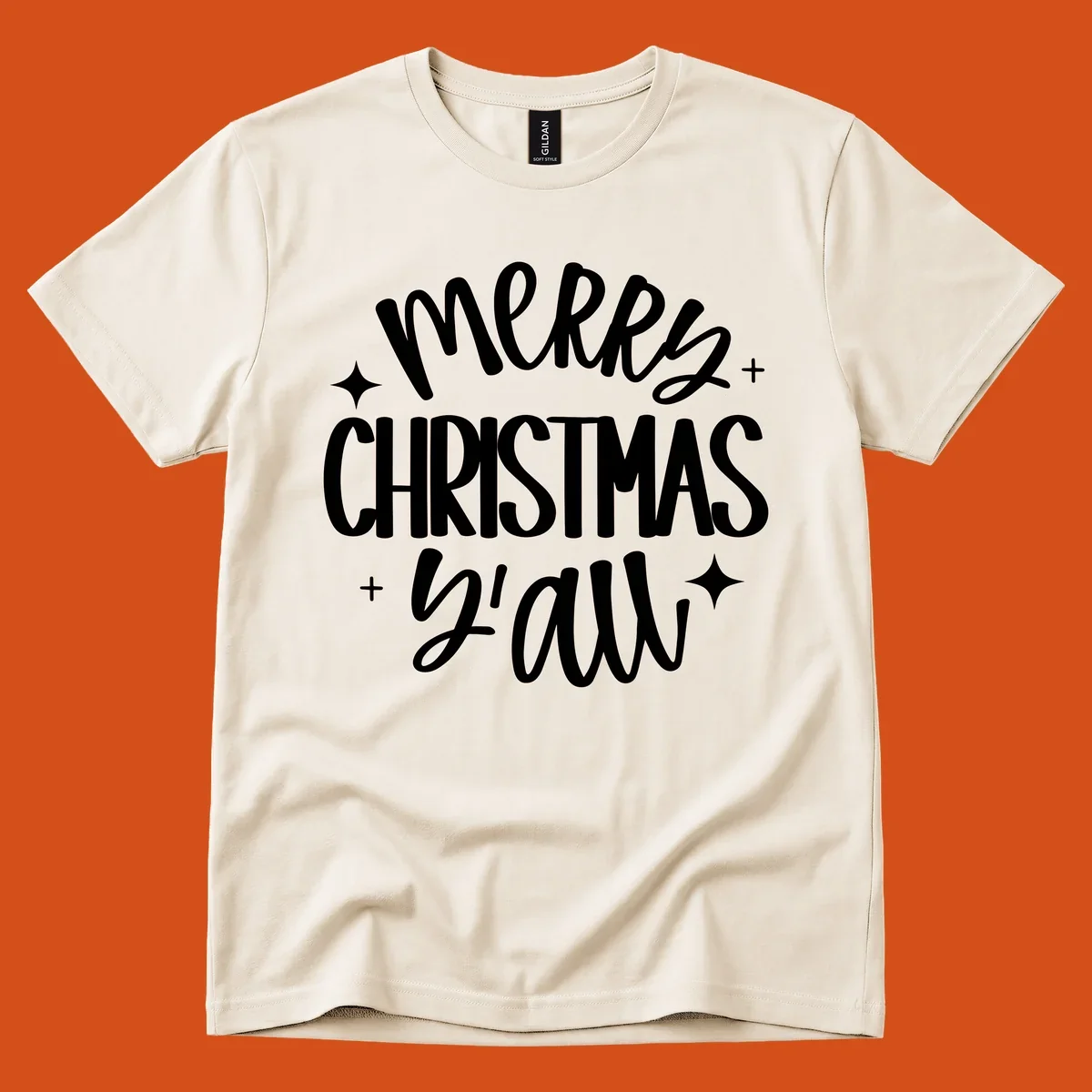 Merry Christmas Y'all hand lettered design with star accents.