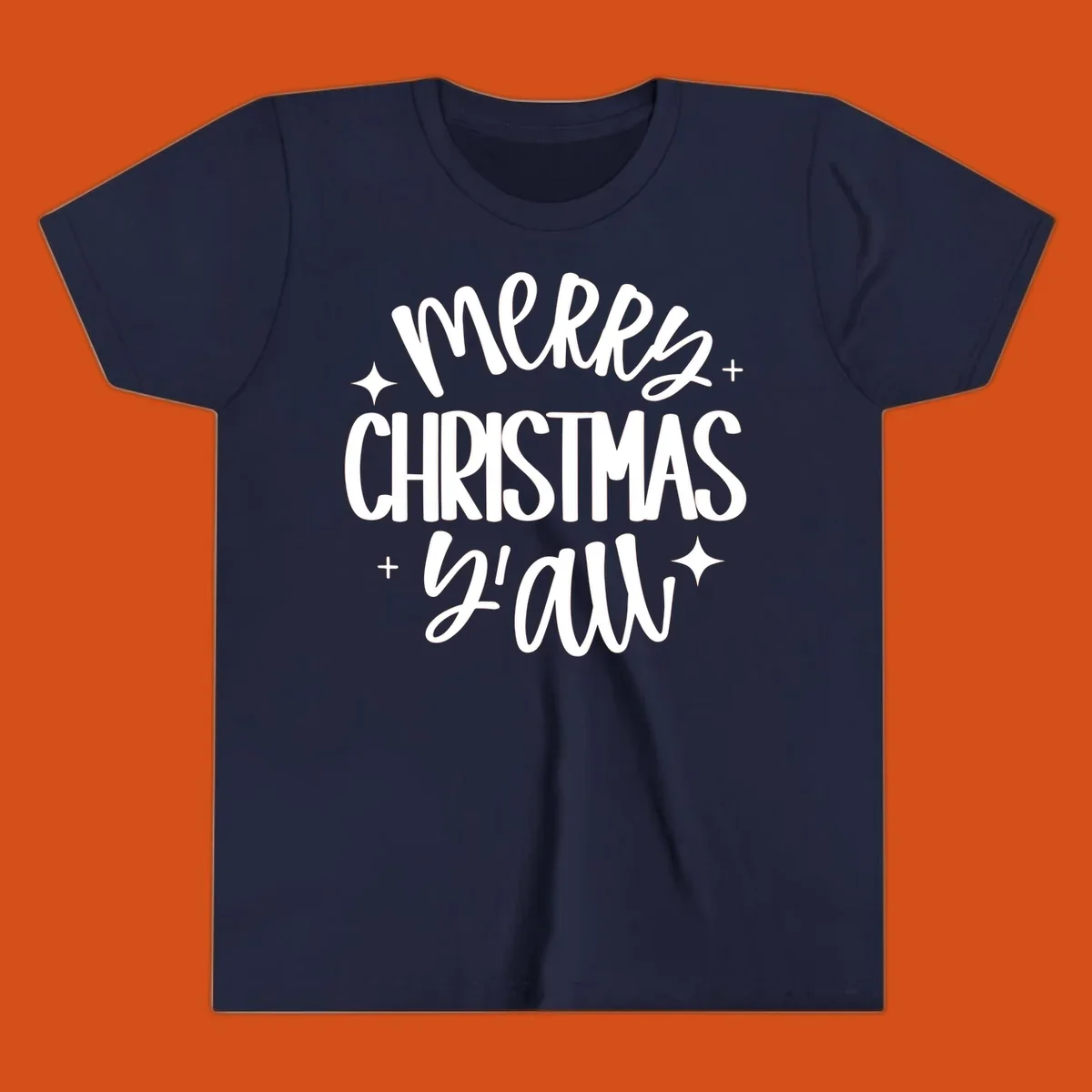 Merry Christmas Y'all hand lettered design with star accents.
