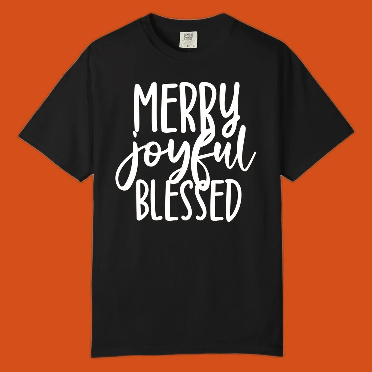 Merry Joyful Blessed holiday typography design with white text on a black background.