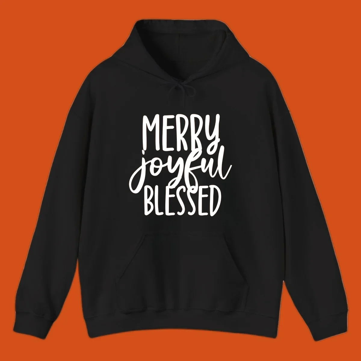 Merry Joyful Blessed holiday typography design with white text on a black background.
