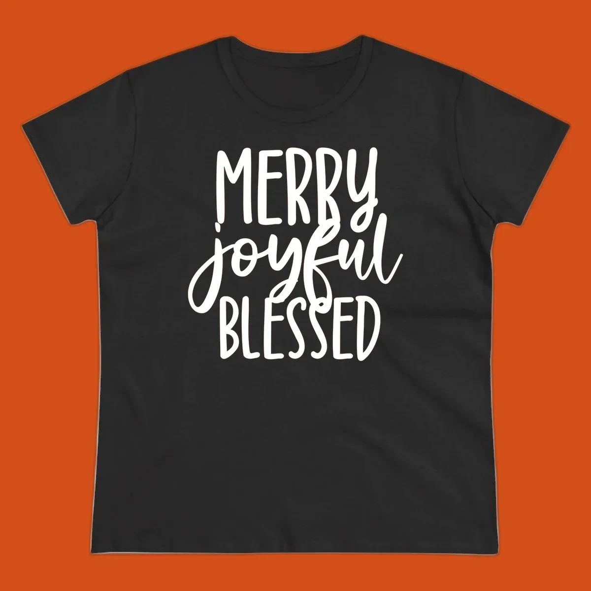 Merry Joyful Blessed holiday typography design with white text on a black background.