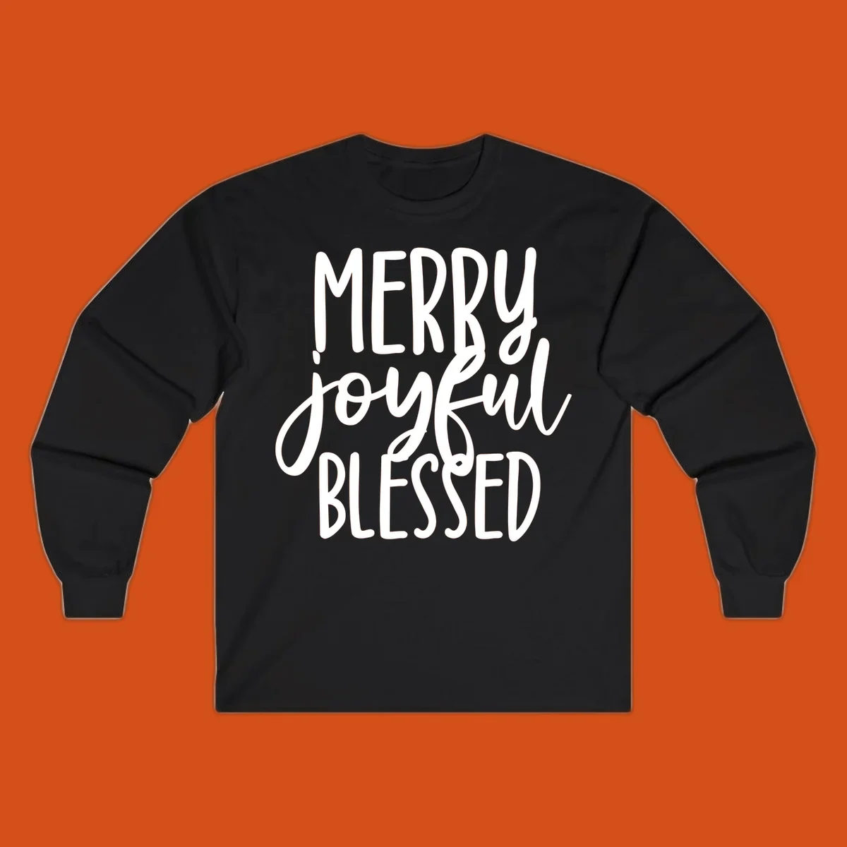Merry Joyful Blessed holiday typography design with white text on a black background.