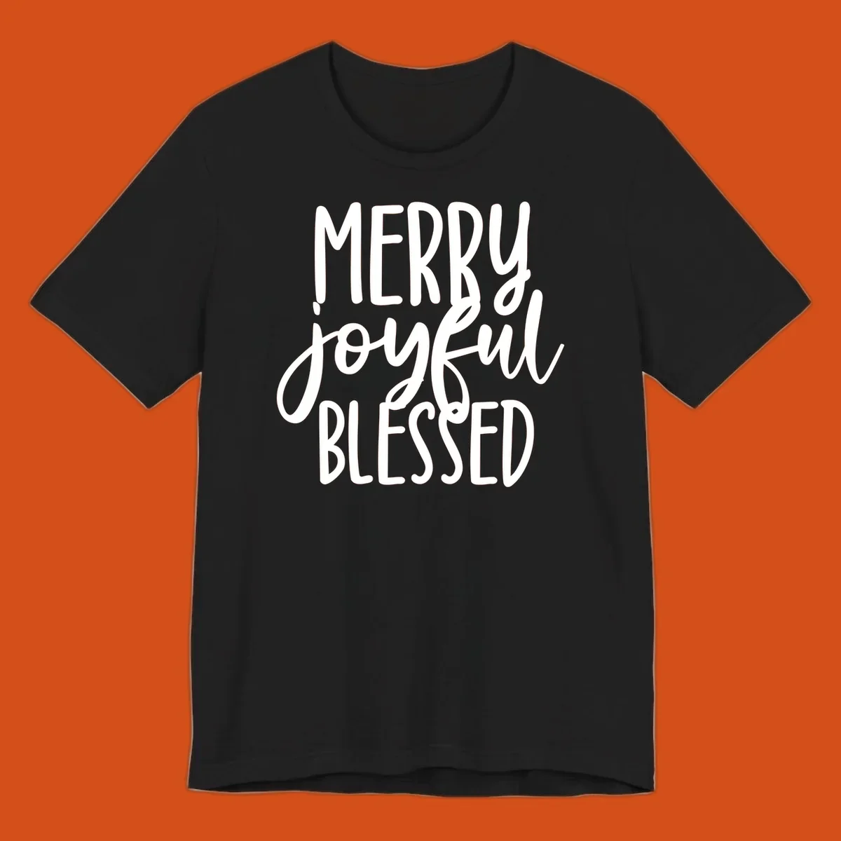 Merry Joyful Blessed holiday typography design with white text on a black background.
