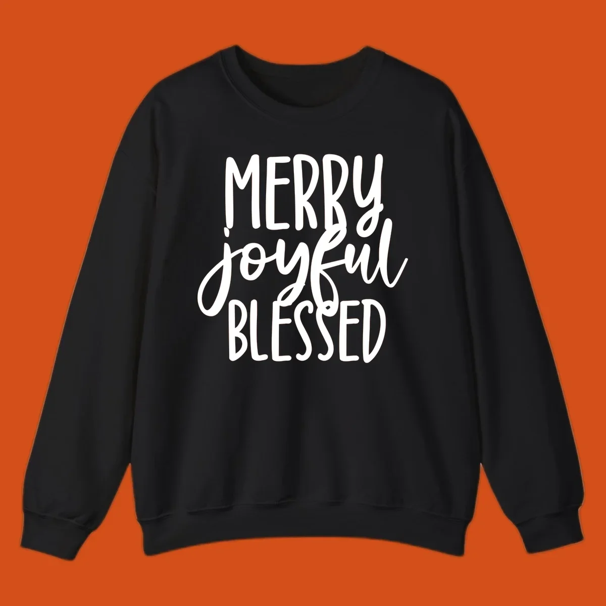 Merry Joyful Blessed holiday typography design with white text on a black background.