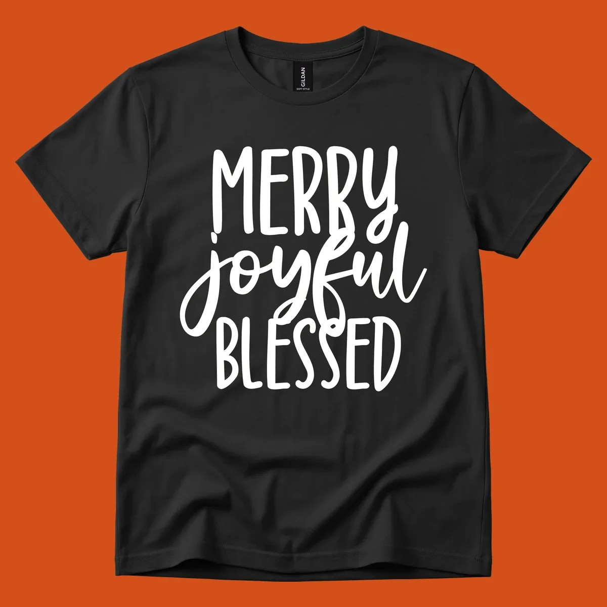 Merry Joyful Blessed holiday typography design with white text on a black background.