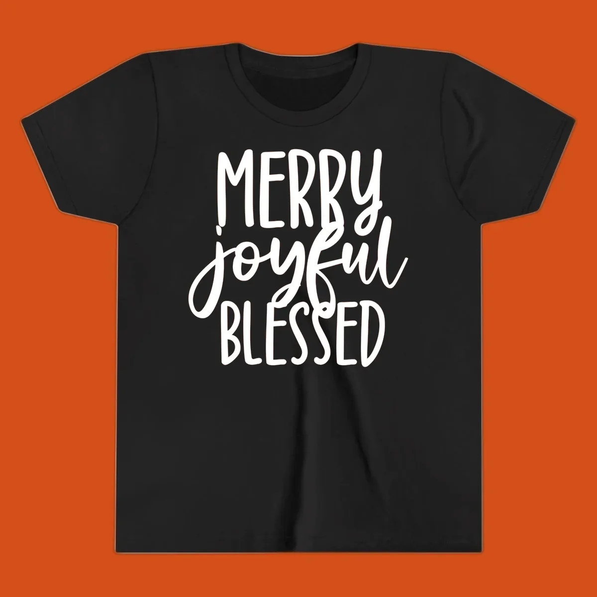 Merry Joyful Blessed holiday typography design with white text on a black background.