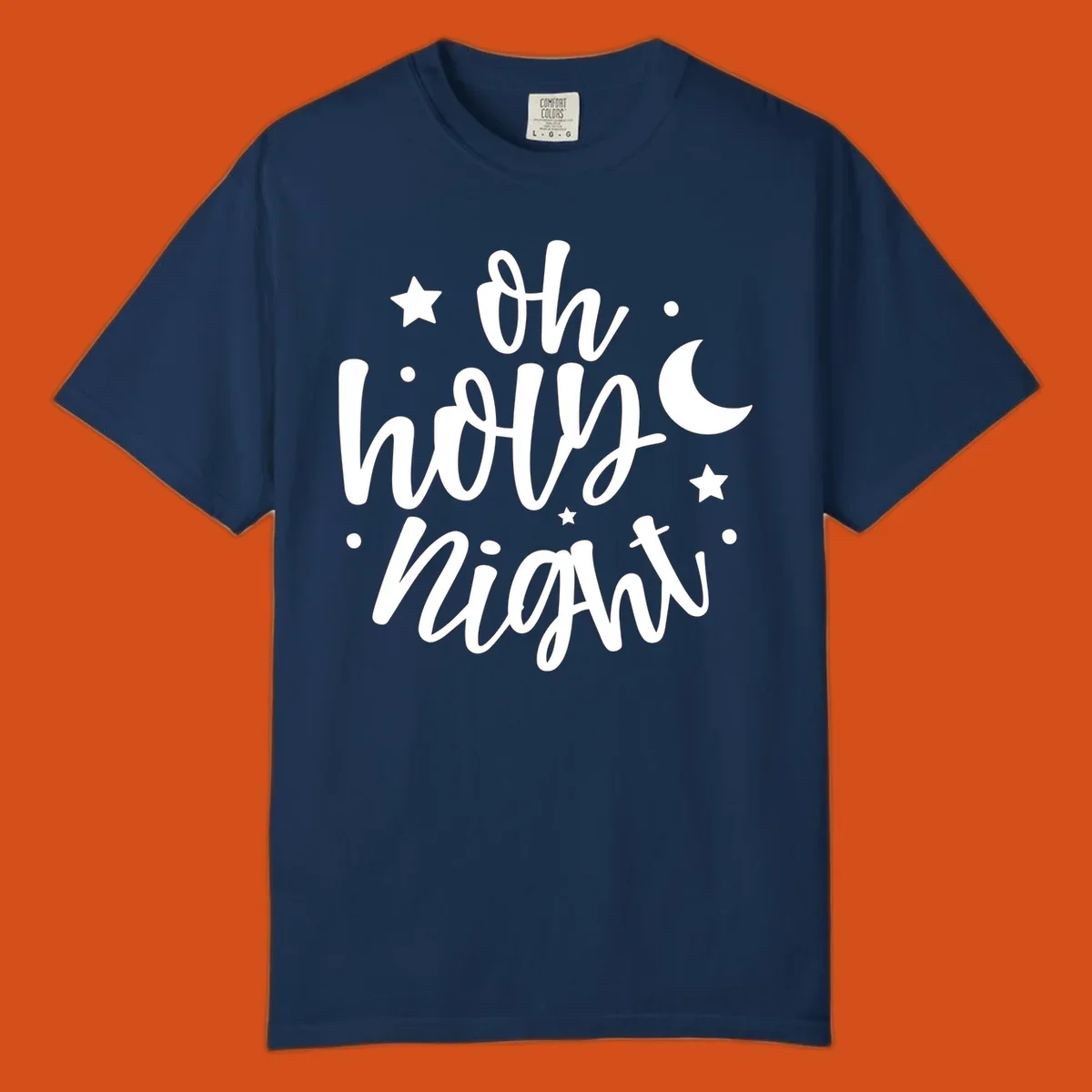 Oh Holy Night Christmas script text design with stars and moon.
