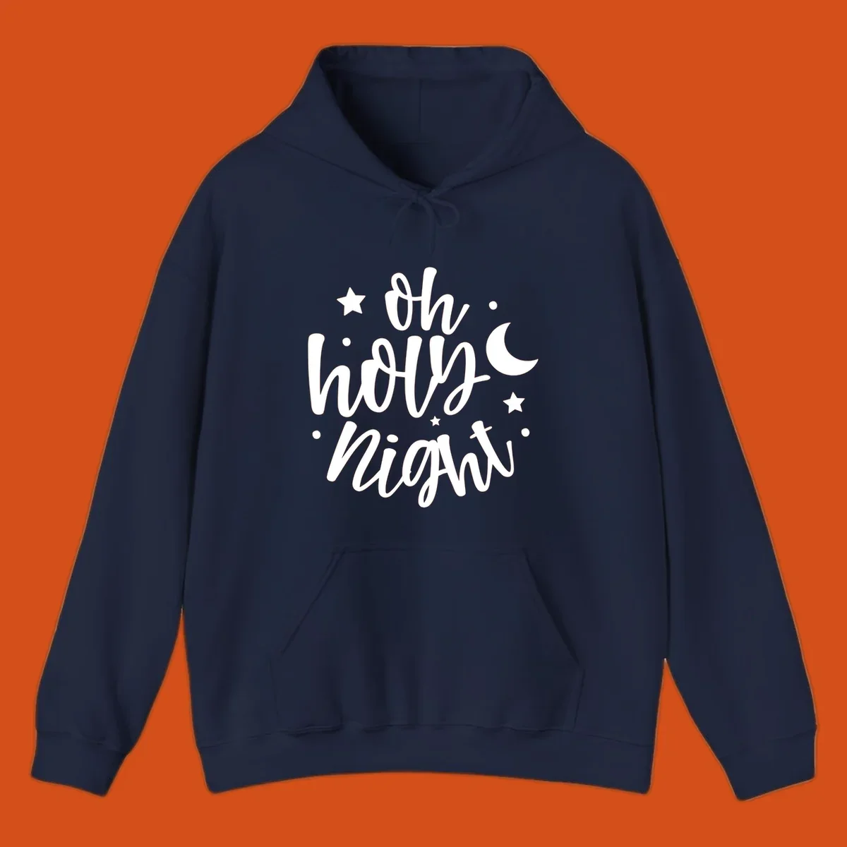 Oh Holy Night Christmas script text design with stars and moon.