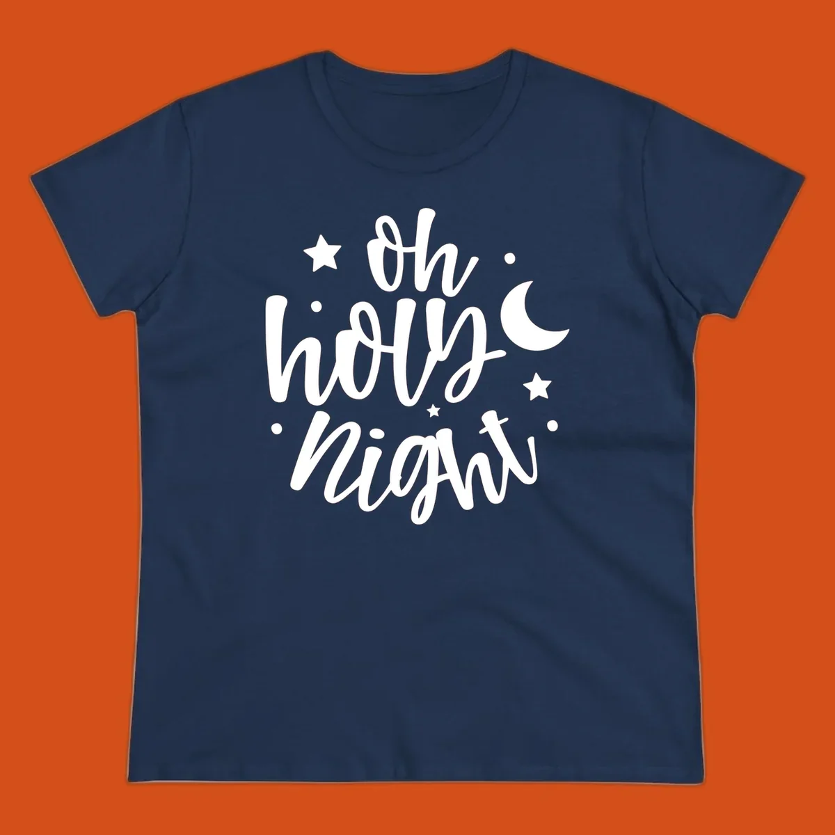 Oh Holy Night Christmas script text design with stars and moon.