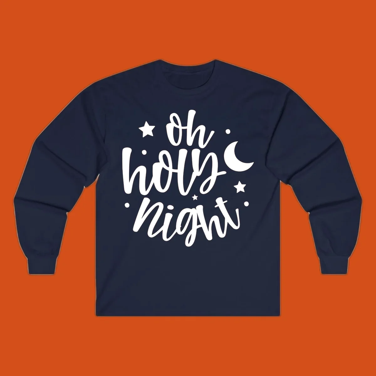 Oh Holy Night Christmas script text design with stars and moon.