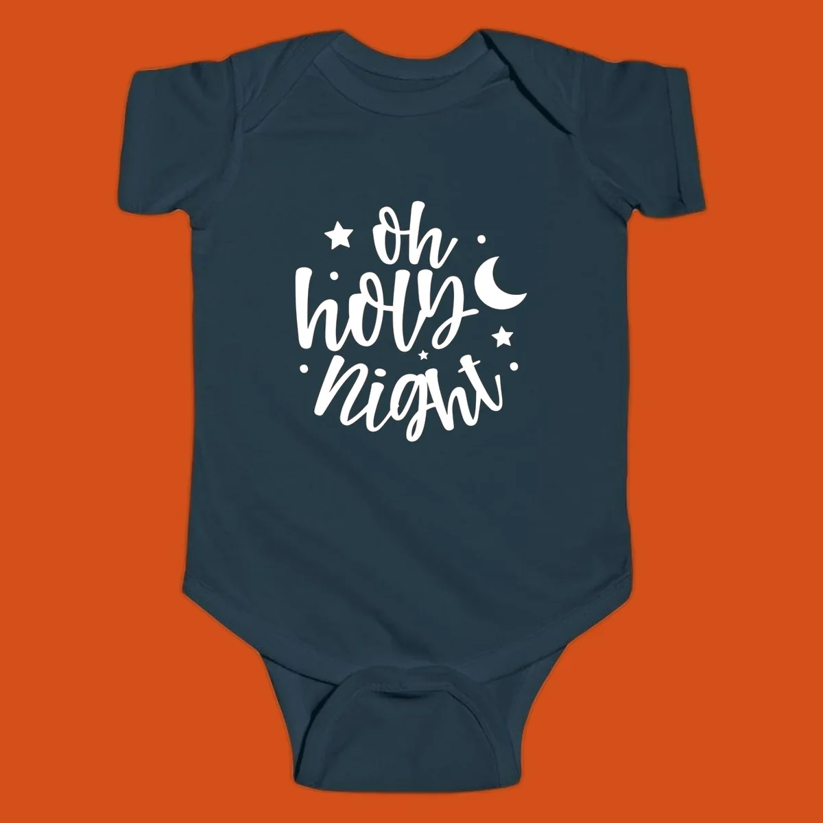 Oh Holy Night Christmas script text design with stars and moon.