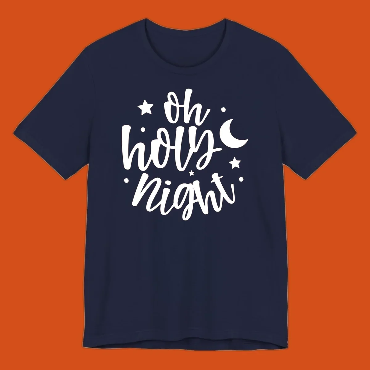 Oh Holy Night Christmas script text design with stars and moon.