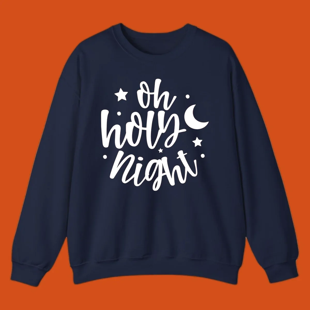 Oh Holy Night Christmas script text design with stars and moon.