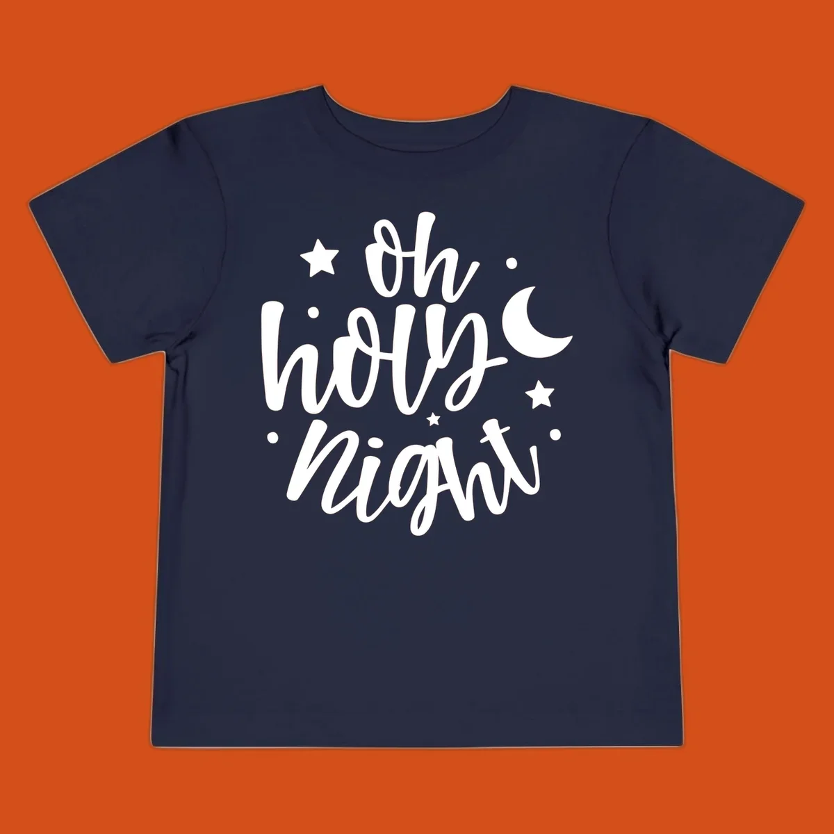 Oh Holy Night Christmas script text design with stars and moon.