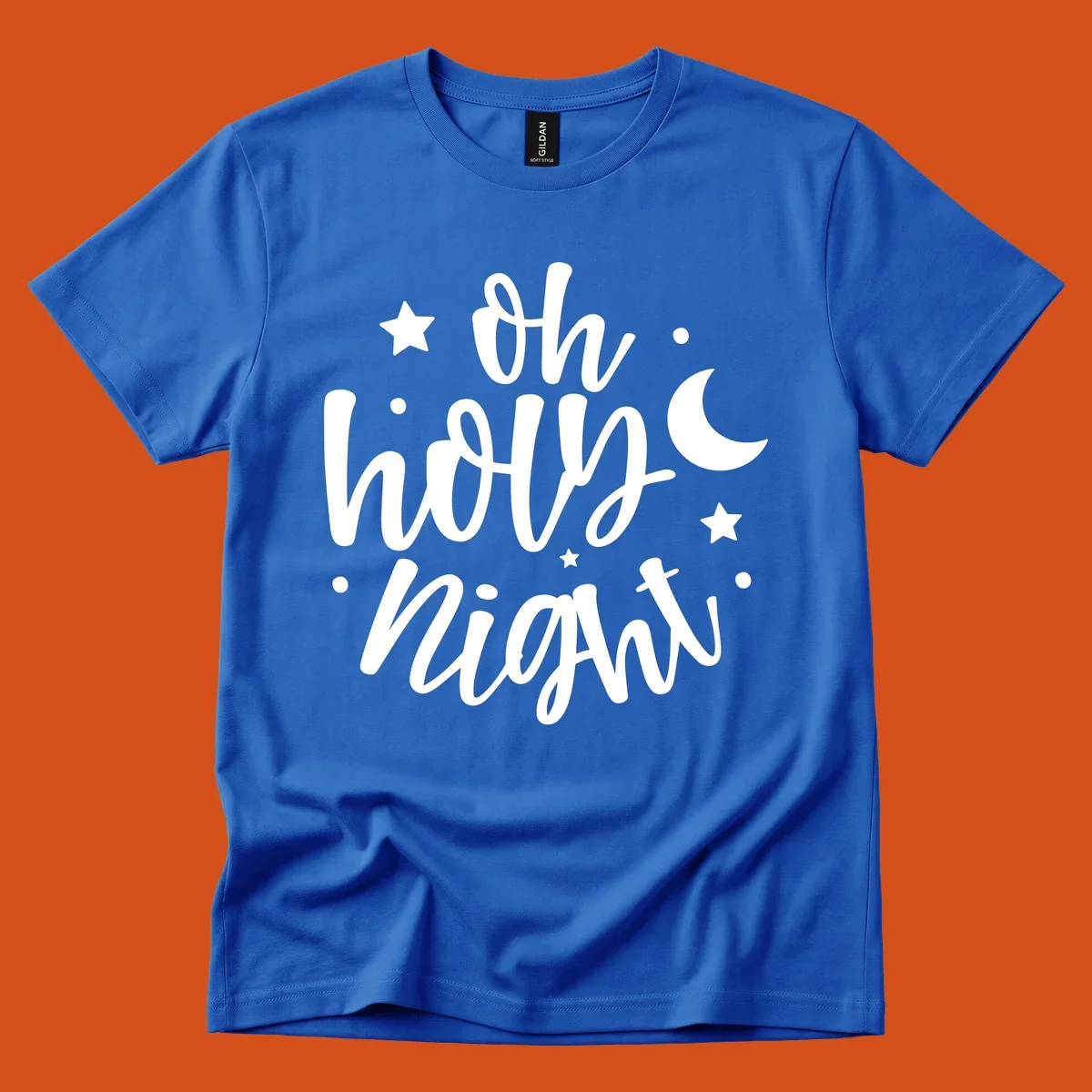Oh Holy Night Christmas script text design with stars and moon.