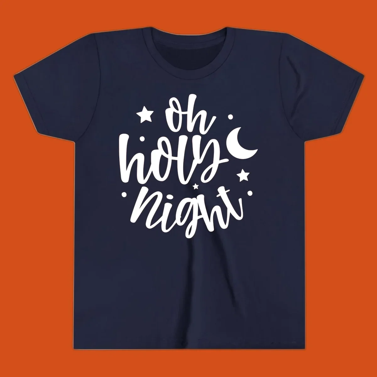 Oh Holy Night Christmas script text design with stars and moon.