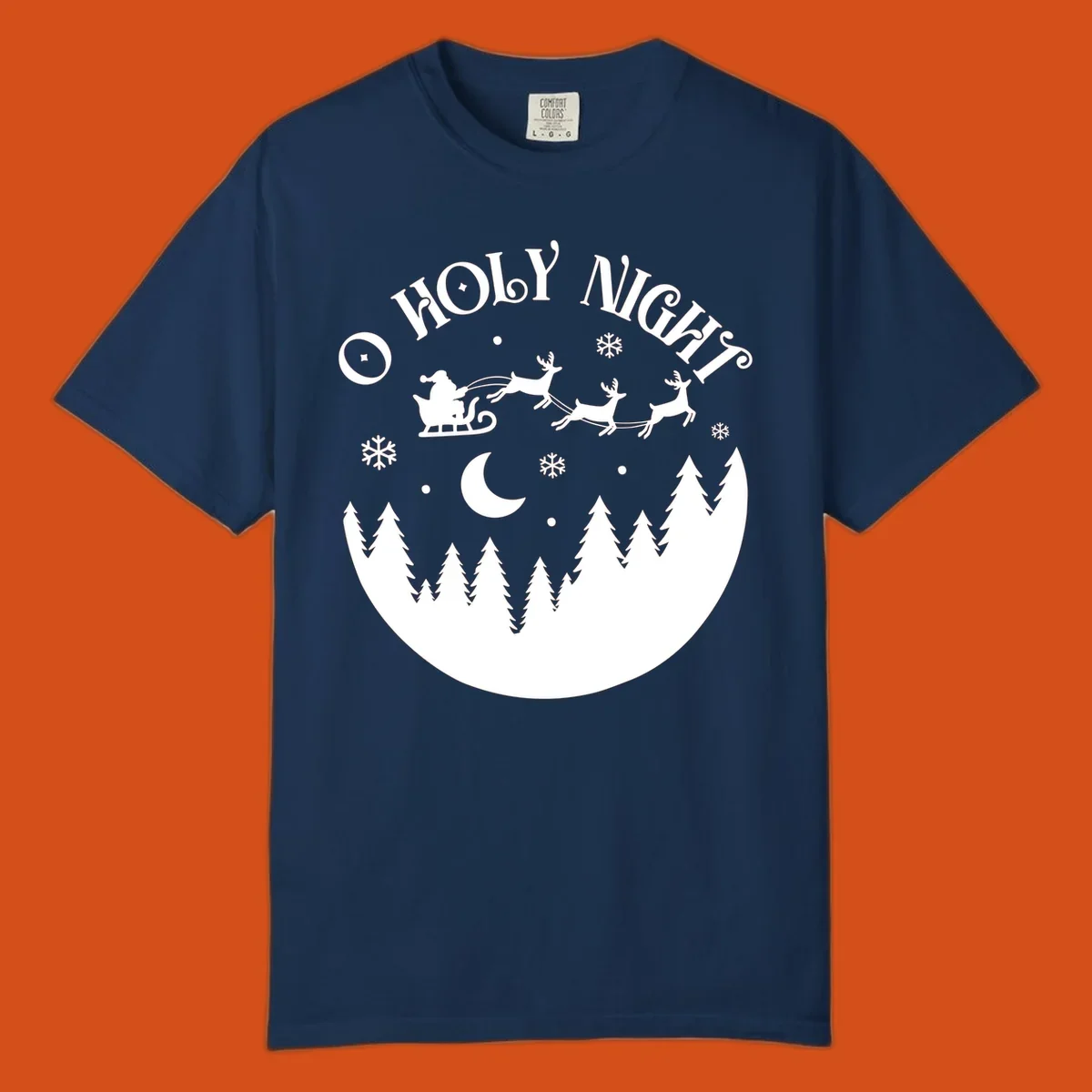 O Holy Night Santa sleigh ride with reindeer, moon, and trees silhouette.