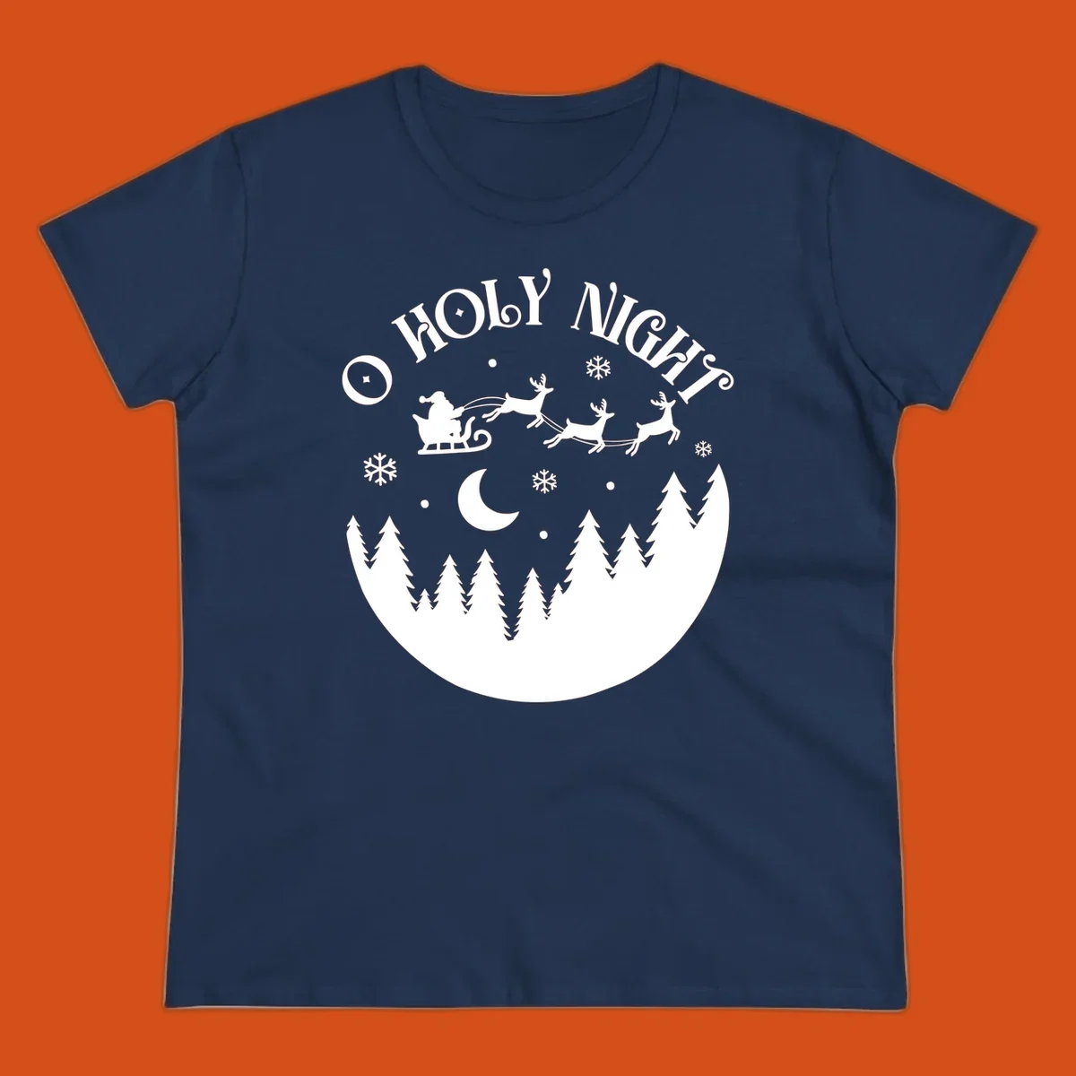 O Holy Night Santa sleigh ride with reindeer, moon, and trees silhouette.
