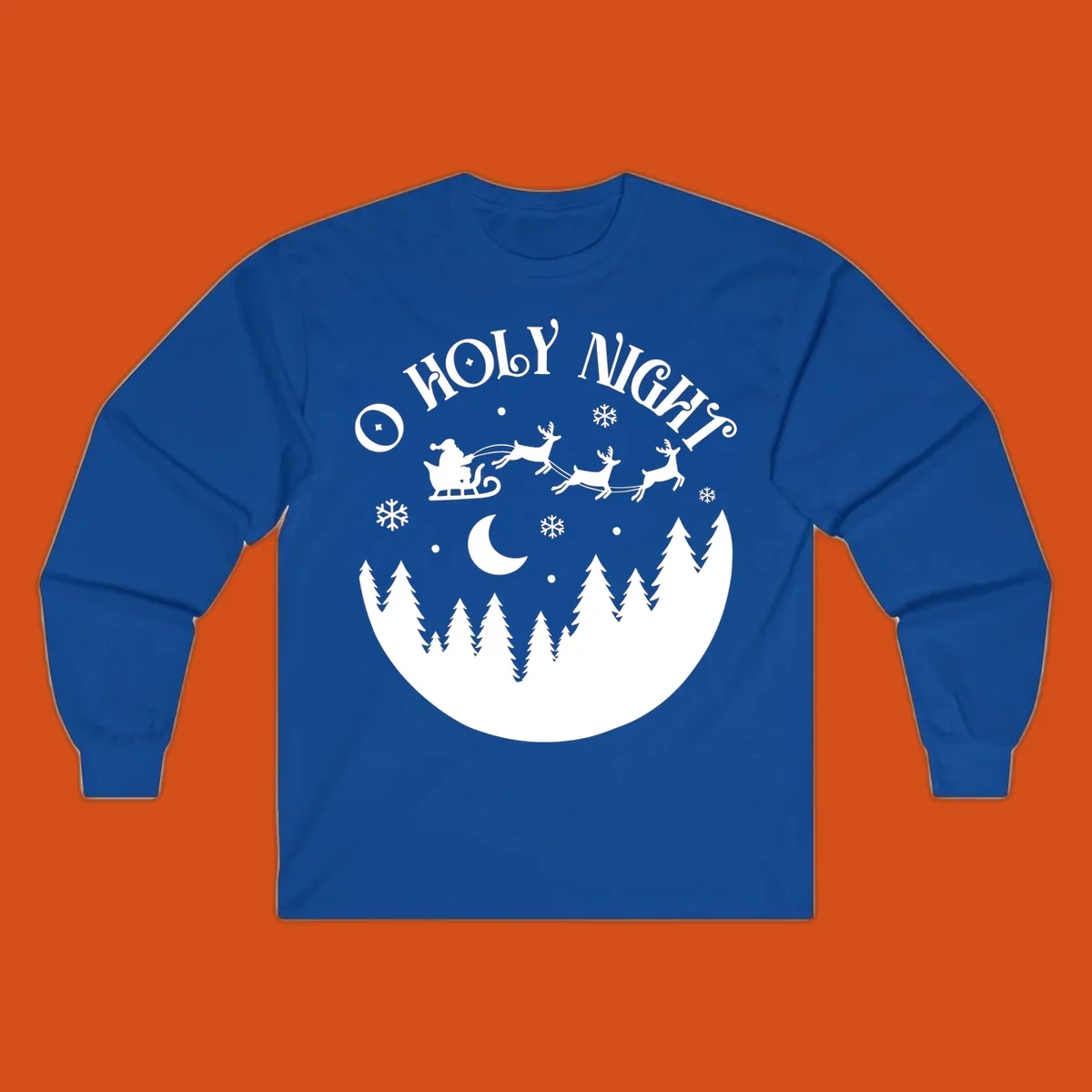 O Holy Night Santa sleigh ride with reindeer, moon, and trees silhouette.
