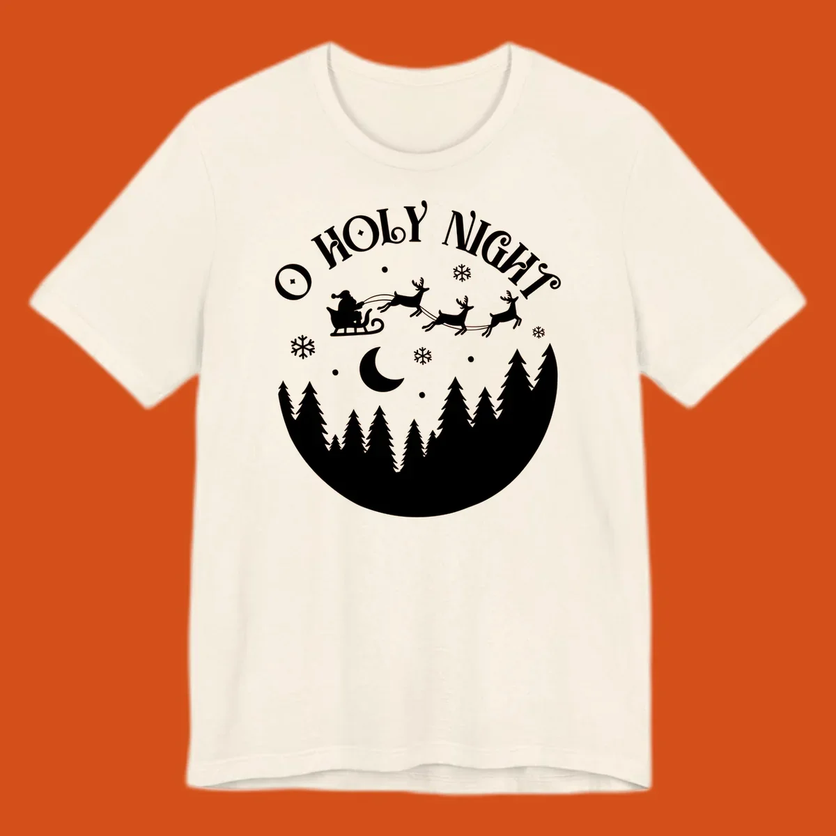 O Holy Night Santa sleigh ride with reindeer, moon, and trees silhouette.