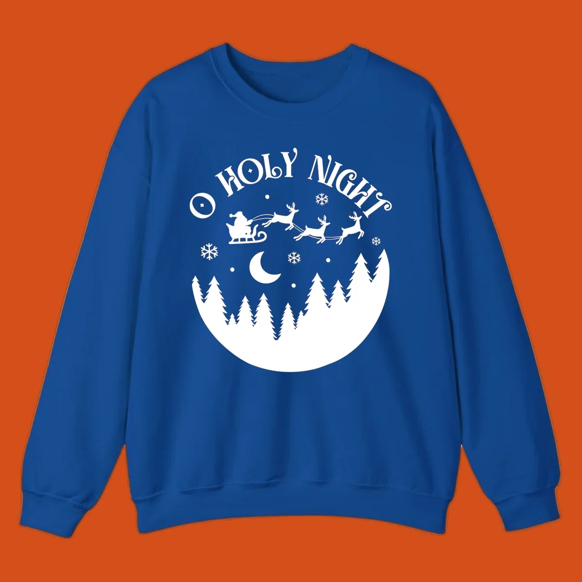 O Holy Night Santa sleigh ride with reindeer, moon, and trees silhouette.