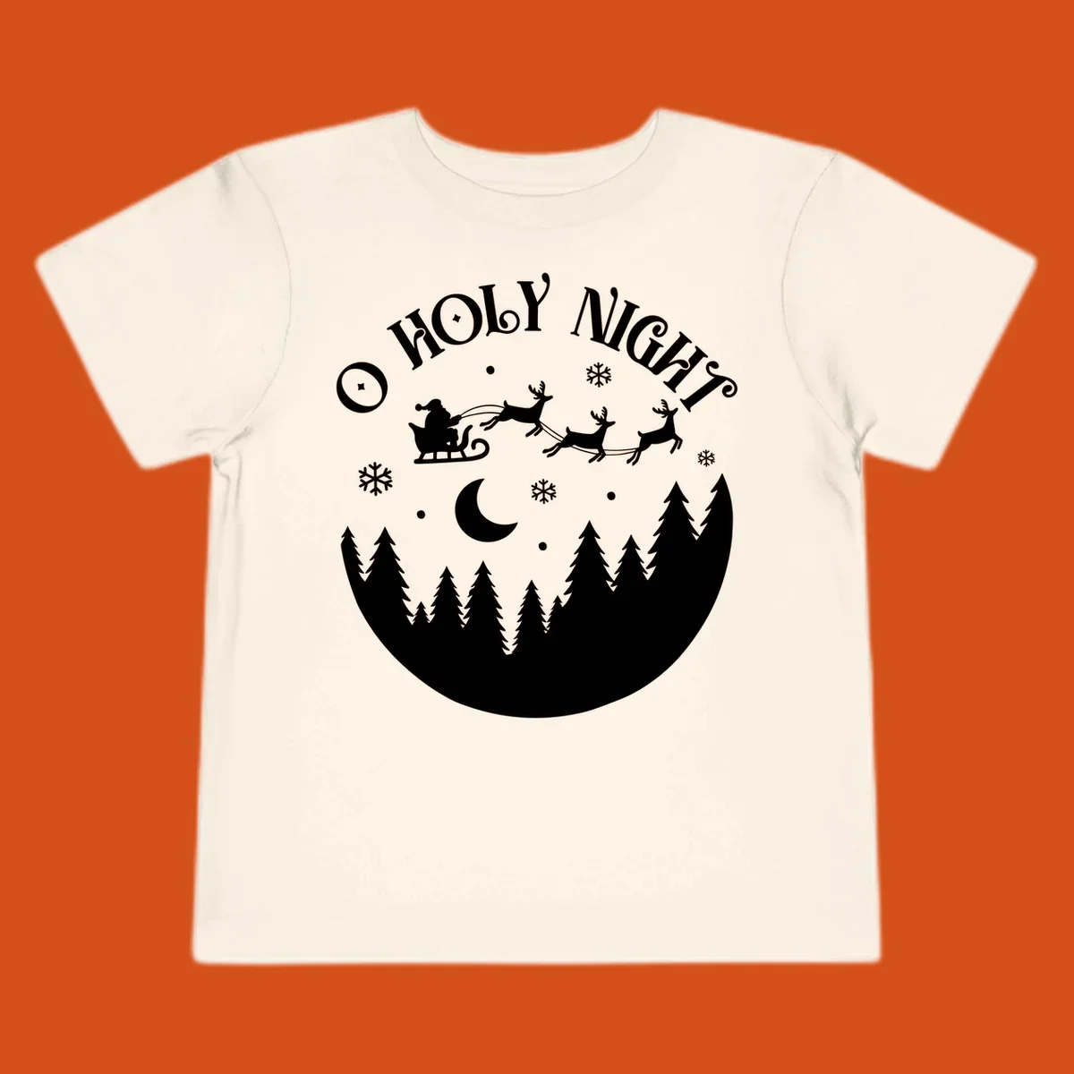 O Holy Night Santa sleigh ride with reindeer, moon, and trees silhouette.