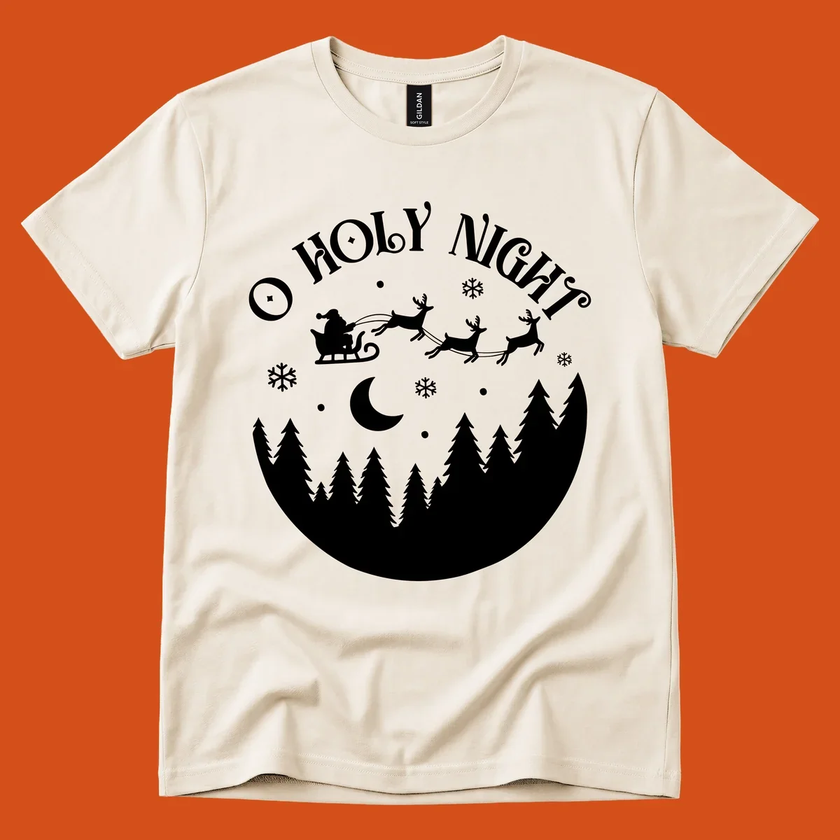 O Holy Night Santa sleigh ride with reindeer, moon, and trees silhouette.