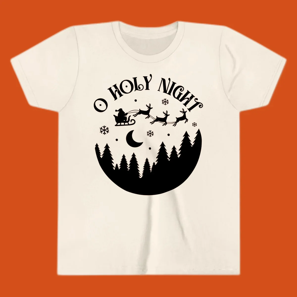 O Holy Night Santa sleigh ride with reindeer, moon, and trees silhouette.